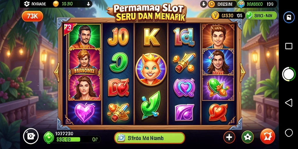 Tampilan gameplay <strong>73K</strong> dengan gulungan slot yang penuh warna.