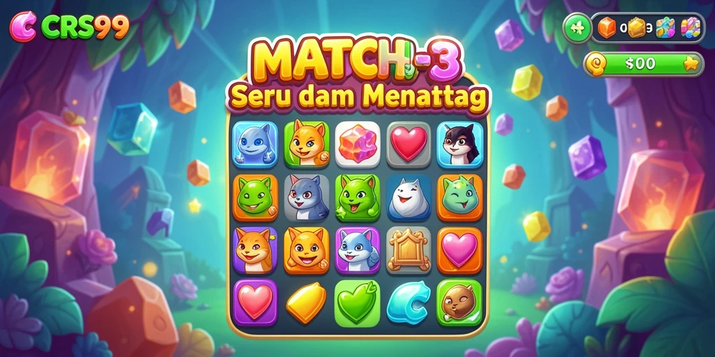 Tampilan gameplay Match-3 yang menarik dari CRS99 dengan permata berwarna-warni.