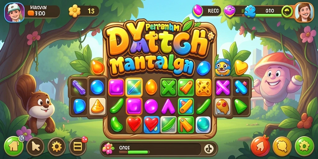 Screenshot DYO1 menampilkan serunya permainan Match-3 yang penuh warna.