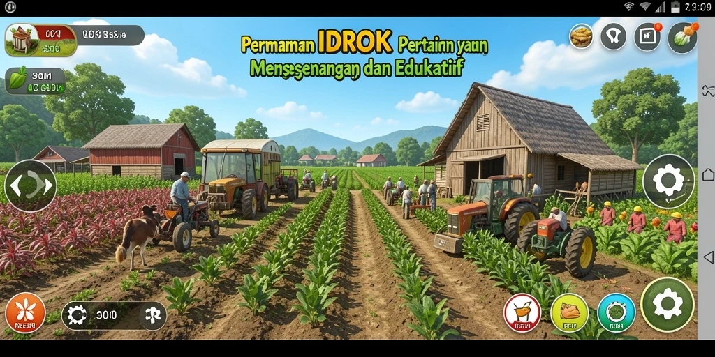 Tangkapan layar dari gameplay <strong>IDROK</strong> yang menunjukkan aktivitas pertanian yang dinamis.