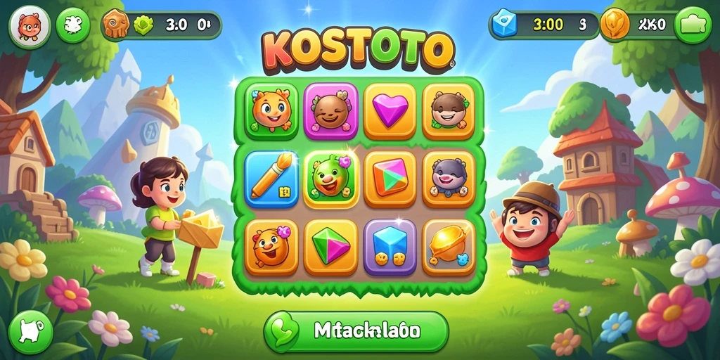 Tangkapan layar KOSTOTO menunjukkan gameplay Match-3 yang penuh warna.