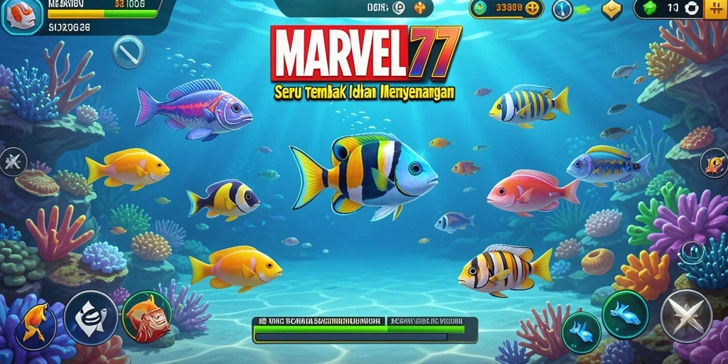 Tampilan gameplay seru dalam MARVEL77, menangkap ikan dan meraih skor tinggi.