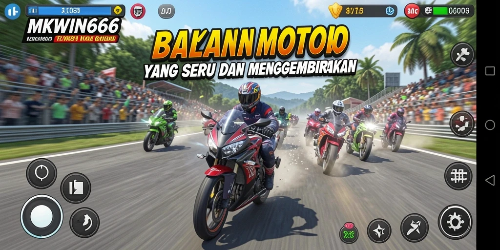 Tampilan gameplay mendebarkan dari MKWIN666 di trek balapan motor.