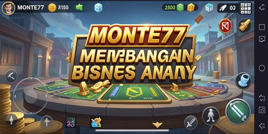 Tangkapan layar gameplay <strong>MONTE77</strong> yang menggambarkan suasana kota bisnis yang dinamis.