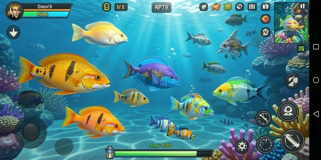 Tangkapan layar gameplay RP79 dengan ikan berwarna-warni yang menunggu untuk ditembak.