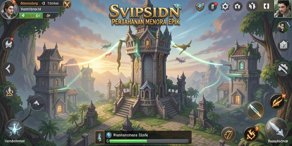 Screenshot gameplay SVIPSIDN menunjukkan menara beraksi dalam pertempuran Tower Defense.